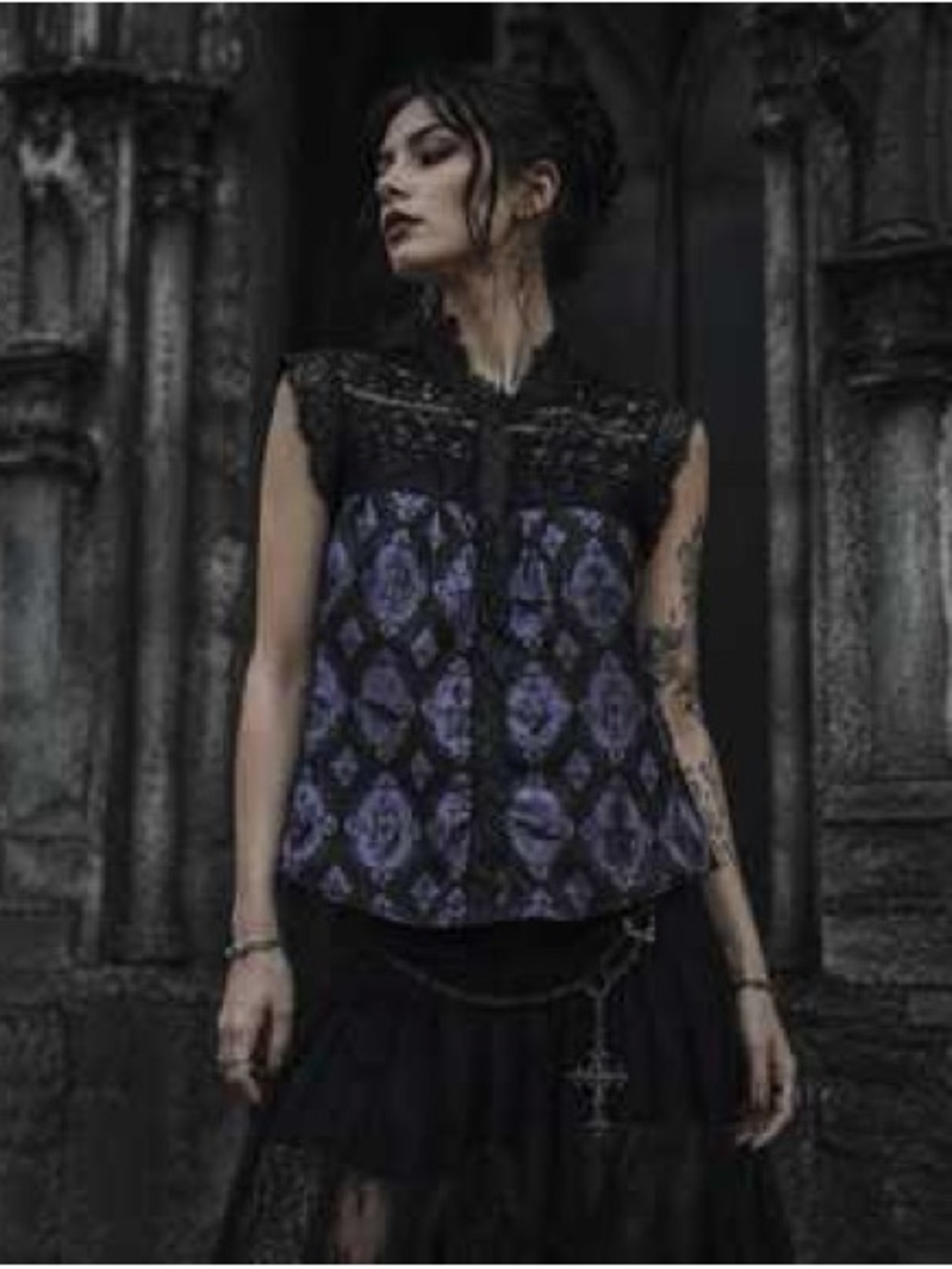Whimsigoth Sleeveless Lace Purple Patterned Women's Top Iron Fist size medium